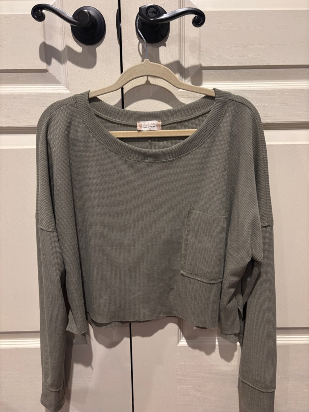Altar'd State Olive Green Waffle-Knit Cropped Long-Sleeve Top